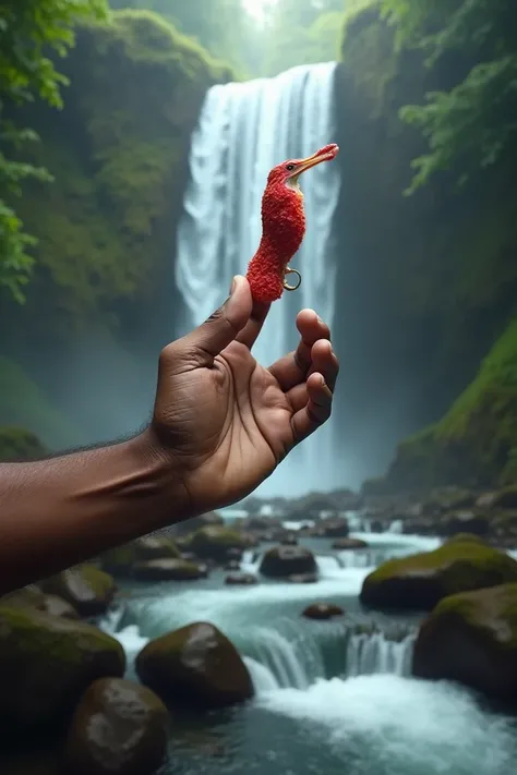 Create the hand of a brown man ,  holding a red beak with a broken part against the bottom of a waterfall and a stream.