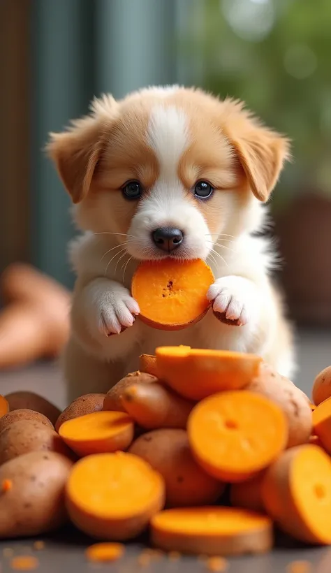 a small puppy eating on top of many sweet potatoes, blurry brainstem in the background, 1 puppy, adorable puppy, cute puppy, puppy eating, puppy with sweet potatoes, sweet potatoes, food, eating, blurry background, photorealistic, 8k, best quality, masterp...