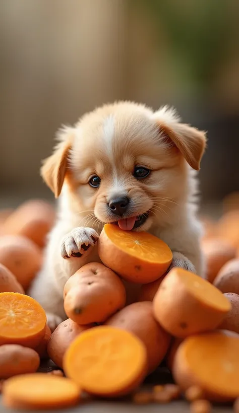 a small puppy eating on top of many sweet potatoes, blurry brainstem in the background, 1 puppy, adorable puppy, cute puppy, puppy eating, puppy with sweet potatoes, sweet potatoes, food, eating, blurry background, photorealistic, 8k, best quality, masterp...