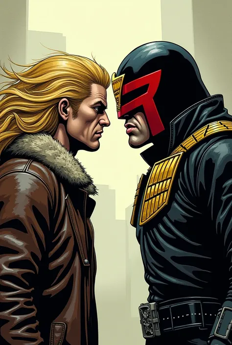 Create a blond man with long blond hair, trajado com um casaco de couro com golas felpudas and look fierce staring at Judge Dredd , In profile staring closely . Judge Dredd in his black uniform and helmet with visor. Fazer a imagem informa comics. Em forma...