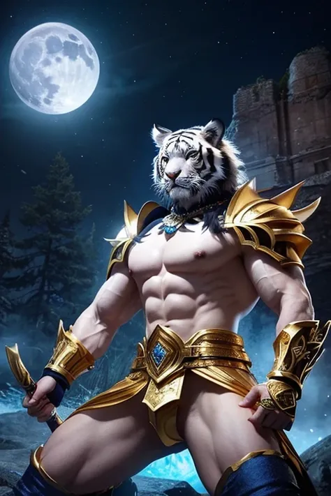 「 draw a white tiger warrior 。Tigers are muscular 、 wear elaborate gold armor 、 a shining full moon and starry sky spread out in the background 。 in the background 、 blue jewels are scattered {x} give it a mysterious and powerful atmosphere。」
