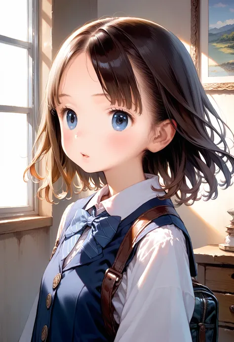 (quality masterpiece, quality best, score_9, score_8_up, score_7_up, score_6_up, score_5_up, score_4_up, source_anime), (fcowboy_shot), ( girl, Petite, parted bangs, medium hair, Blue Eyes, big eyes, brown hair), school uniform, shirtSitting in a chair, be...