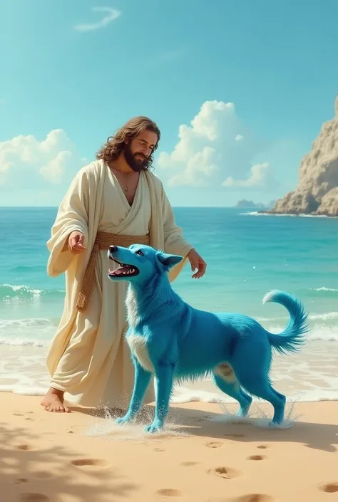 Jesus and big blue dog playin in the sand near sea