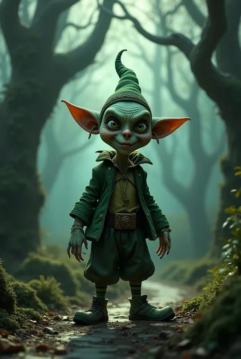 Imagine a leprechaun with pointy ears and a dark, creepy green face that is on a path full of trees. 