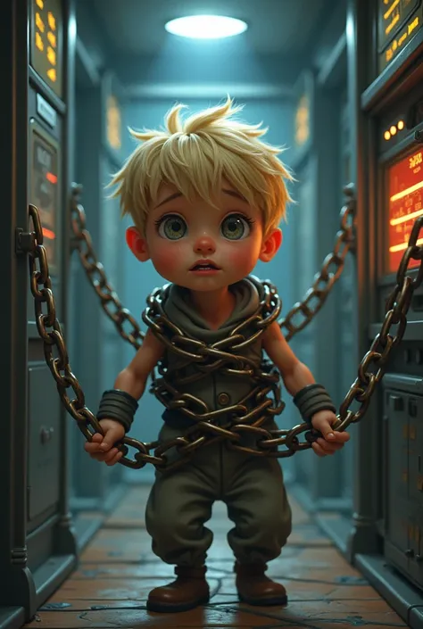 a small boy with blonde hair shackled by chains on his body alone in a time machine