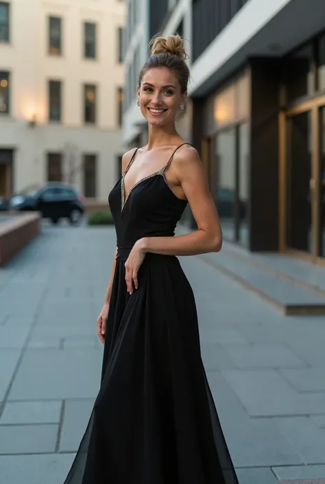   An elegant woman posing in a modern urban environment  .  She is wearing a long dress, flowing black dress , con detalles en dorado.   Her hair is tied in a sophisticated bun  , and wears minimalist accessories  .  The evening light gently illuminates he...