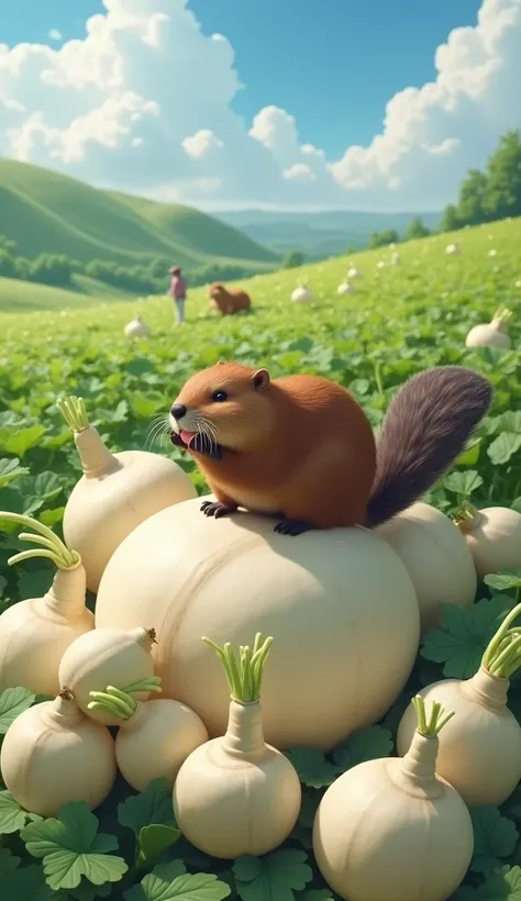 a beaver eating dinner on top of many large daikon radishes, a farmer can be seen faintly in the background, highly detailed, photorealistic, 8k, exquisite lighting, vibrant colors, intricate textures, magical realism, award winning digital art