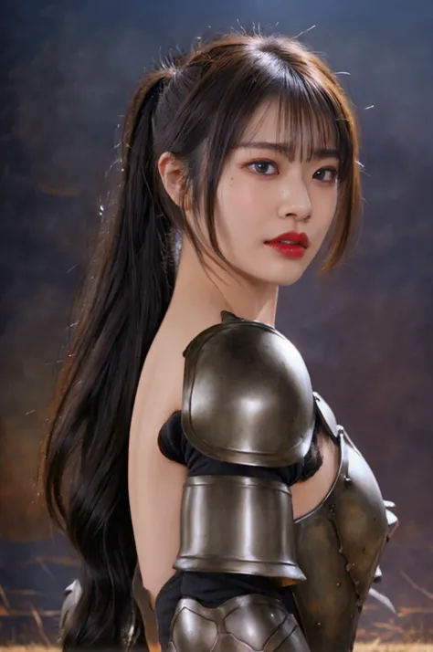 ((( best quality))) 、 (photograph)、 Details、8k、, a beautiful woman 、((armor))青い伝統的な日本のarmor、 Japanese、18 years old、 off-shoulder 、 Japanese Knife 、 frontal view 、 is pointing at the camera、Sengoku Warlords、Mid-length hair、( red hair：1.5) 、  ponytail 、 Big ...