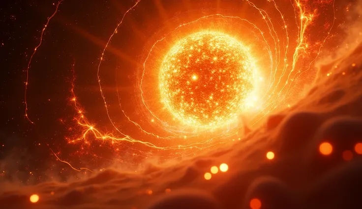 Prompt: A close-up of nuclear fusion inside a star, with hydrogen atoms fusing into helium and heavier elements, UHD, realistic, glowing effects.