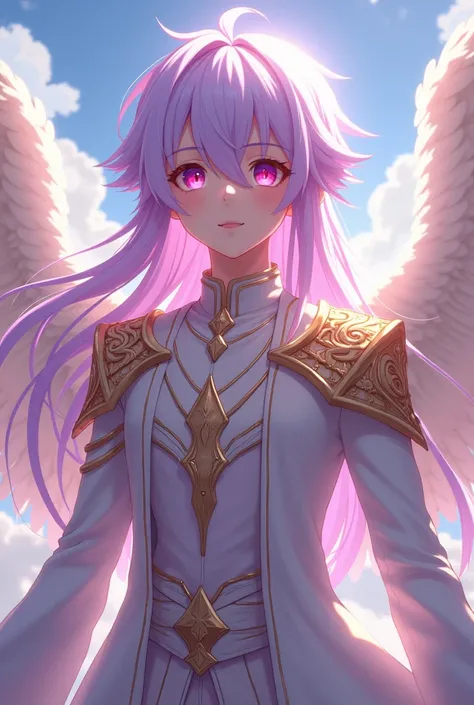 18-year-old anime boy with pink ,  fuchsia eyes and long light lavender hair wearing an Archangel outfit