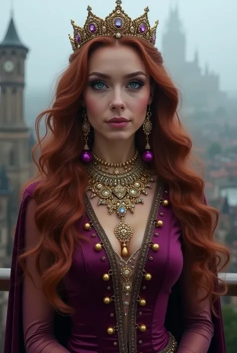 Breathtaking beautiful queen ,  big blue eyes , big eyelashes ,                  long wavy aubergine colored hair,  eggplant-colored dress with .         golden pompoms , Luxury Jewelry, in an old city with a lot of fog  