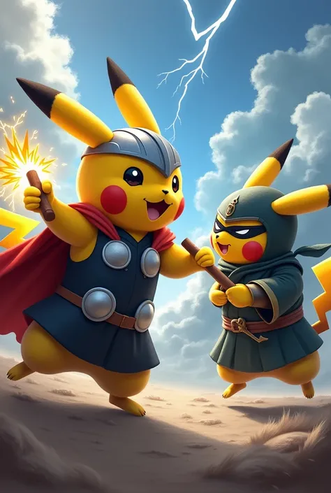 Pikachu in Thors costume fighting with Pikachu in ninja clothes