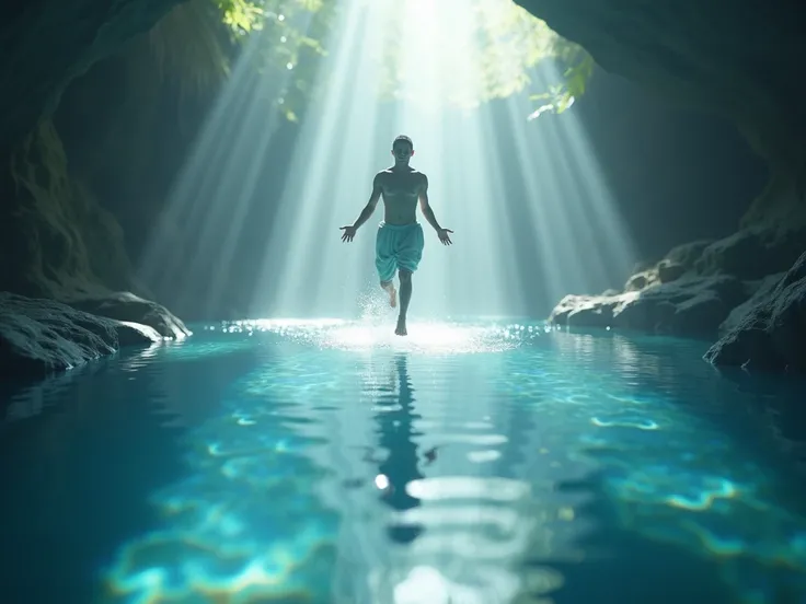 ultra realistic 4k image, according to the following parameters  " A third floating above a pool of crystalline water,  with soft light reflections forming halos around , suggesting purification and spiritual renewal ."