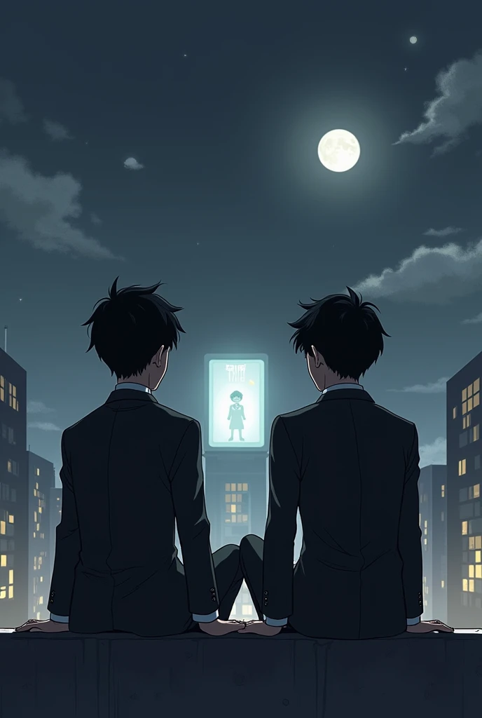  Create an image of 2 boys in suits sitting on the edge of a building talking about the birth of a baby that is taking place in a hospital room the building they are in is next to their hospital and do it in the mangar anime style make them 100% Back and f...