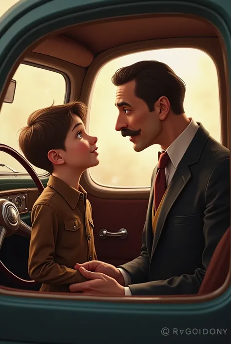  boy talking to a man with a mustache and a suit in a vintage car 