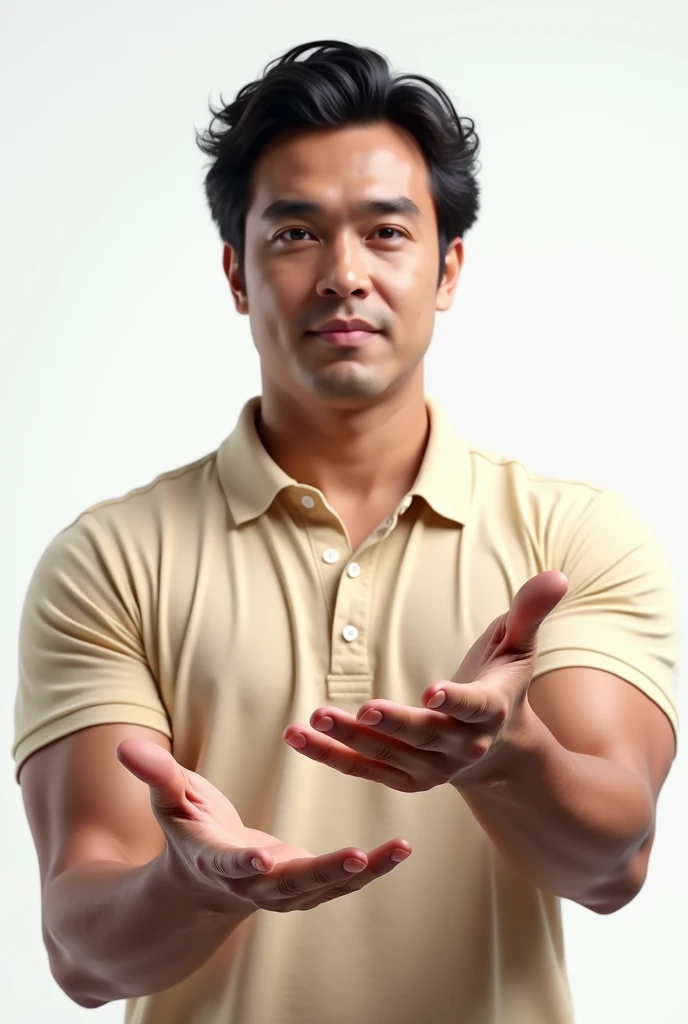 30-YEAR-OLD MAN WEARING CHARISMATIC BEIGE POLO , wavy black hair , FITNESS TEXTURE THAT YOU ARE TRYING TO SHOW SOMETHING NEXT TO THE IMAGE WITH YOUR HANDS, white background