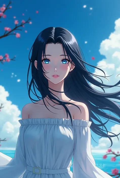 Woman with long black hair with light blue , Sky blue eyes Naruto anime style 