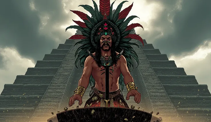 (masterpiece:1.2, exceptional quality, cinematic, best illustration:2.0), (ultra-high resolution), (super detailed), (8k), (American comic style:2.0).

Draw a fierce Aztec priest in the midst of a sacrifice at the peak of a towering stone pyramid. The prie...