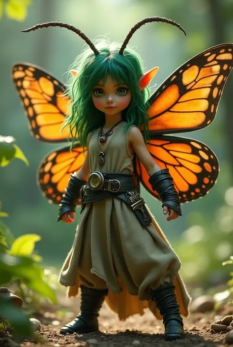 Masterpiece, UHD, 8K, A grimdark image of a tiny fairy warrior that stands in a dynamic fighting stance, her forest green hair flowing in the breeze is broken by the (insect antennae) sprouting from her head, her large ((moth wings)) shining in the sunligh...