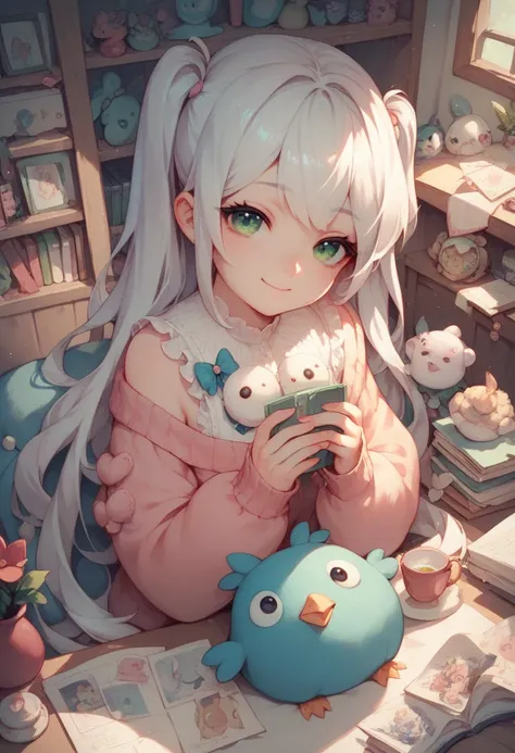 Stuffed girl with innocent face and little bird, long white hair, green eyes, cute outfit, illustration, bold and bright composition, full color, highest quality image.