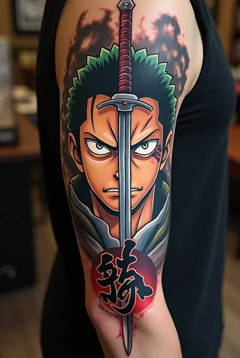 I am looking for a tattoo options. I wanted to see a baddass Roronoa Zoro’s eyes, his sword named Enma, and relate it to Kaizen - a Japanese word for continuous improvement.