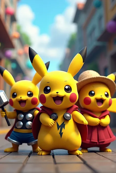 I want 3 Pikachus, one wearing a Thor outfit.. Roupa ninja e roupa do luffy