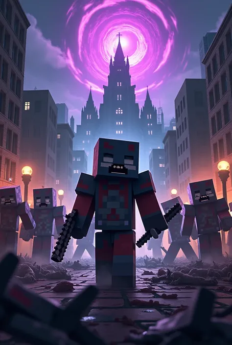 A Minecraft poster 
A zombie apocalypse city and a hero where the zombies are fighting and in the background a castle where there is a purple dark portal in the sky and the title is DARKNESS CITY should be in the middle with more combat and action and more...