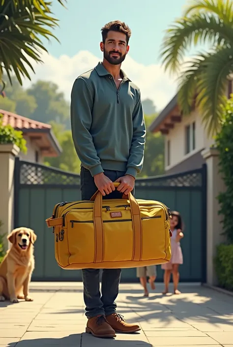  Man lifting a closed yellow dentel bag with a half in the foreground in the foreground in a gated neighborhood with a female golden dog, Son the daughter playing in the background  