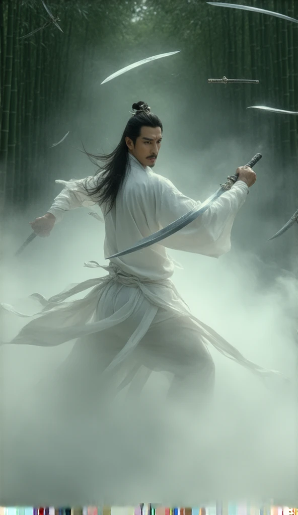 "Dynamic action movie scene, long exposure ,hyper realistic. An advertising photo of Chinese man long hair good look Chinese character "Lee kim Huang" wearing white traditional Chinese pant,There was a shiny short dagger with an exquisite pattern flying on...