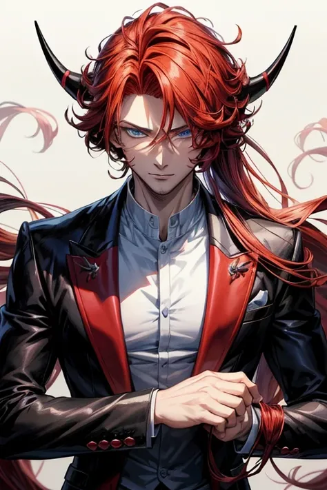 anime character with red hair and horns in a black suit, anime handsome man, beautiful  prince, tall anime guy with blue eyes, anime portrait of a handsome man, handsome japanese demon boy, handsome guy in demon slayer art, masculine prince, dapper dream d...