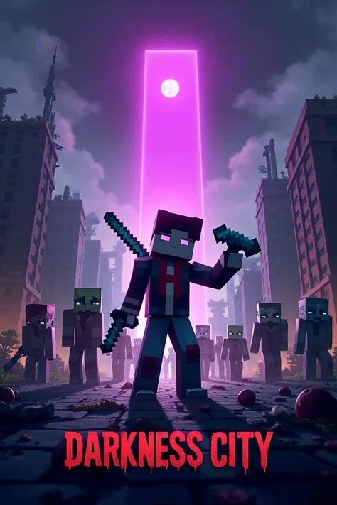 A Minecraft poster 
A zombie apocalypse city and a hero where zombies fight and dark purple portals in the sky
And the title is DARKNESS CITY and more action and dark