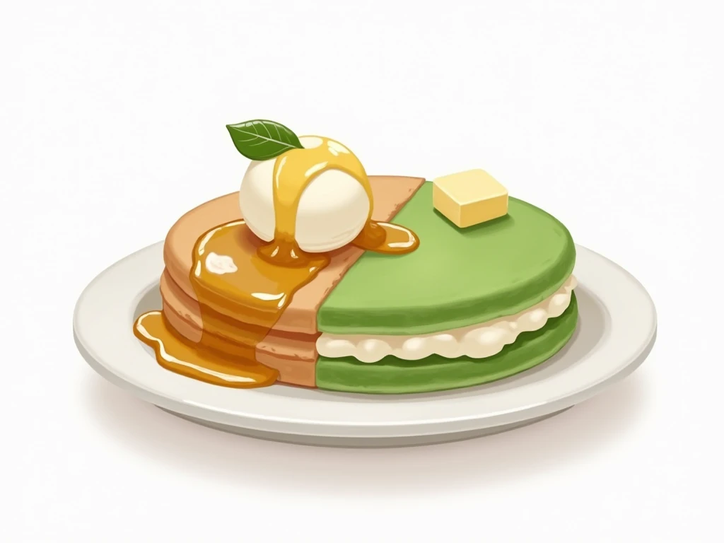 can you make a green brown pancake the one in the left is honey syrup and ice cream and the right is white syrup and small butter and no plate then the white background no designs put it in the center or top