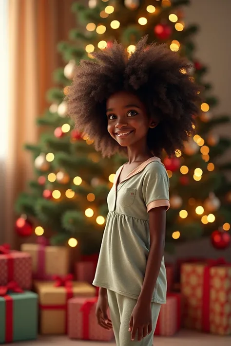 Beautiful girl with afro hair in pajamas standing next to a Christmas tree with gifts underneath 