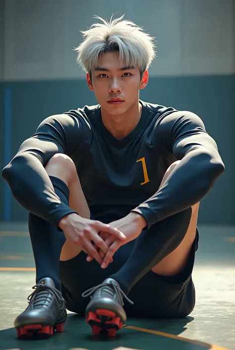 1 Male, male Korean, male Kpop idol aesthetic,white hair with dark roots, man oval face, male with pale skin, dark brown eyes, muscular body, gym background, wearing a longsleeve soccer football kit, tight long shorts, knee lenght socks, sat on the floor, ...