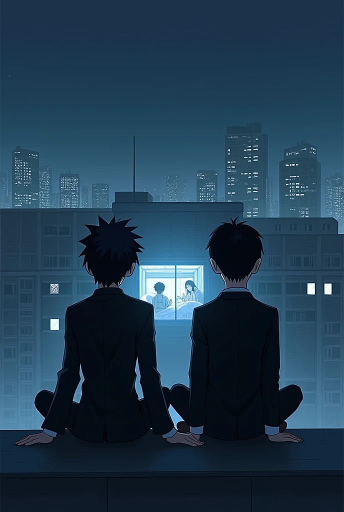  Create an image of 2 boys in suits sitting on the edge of a building talking about the birth of a baby that is taking place in a hospital room the building they are in is next to their hospital and do it in the mangar anime style make them 100% With your ...