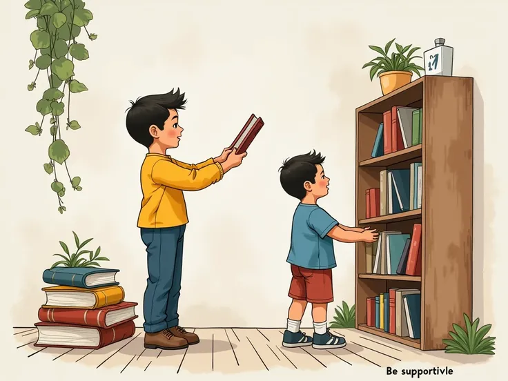  creates a mural about solidarity ; two boys being supportive of their friend who has trouble with her height to reach a book from a high shelf, where his friend helps him to achieve the book in a drawing version with a minimalist background.  With the phr...