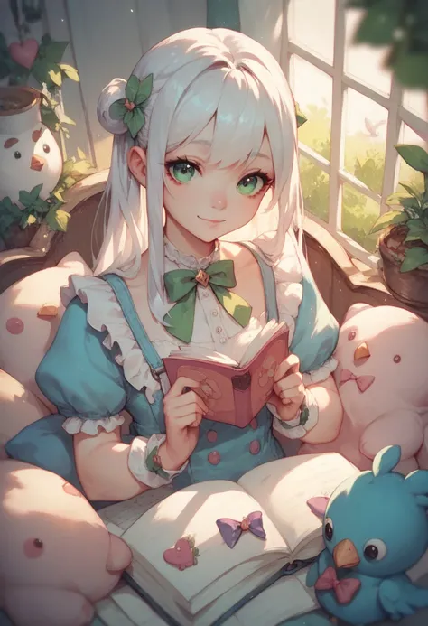 Stuffed girl with innocent face and little bird, long white hair, green eyes, cute outfit, illustration, bold and bright composition, full color, highest quality image.