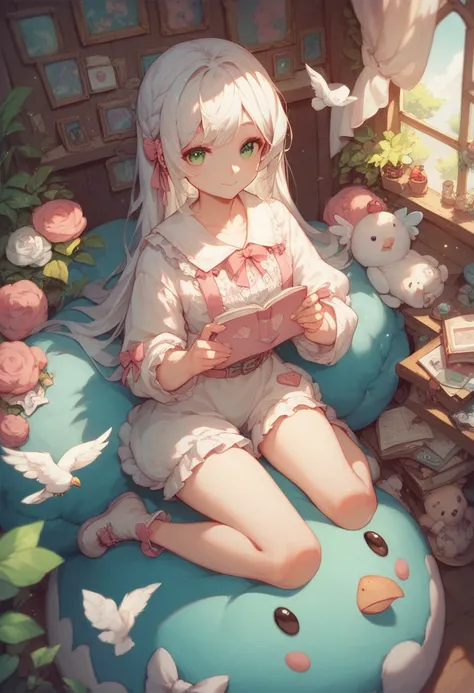 Stuffed girl with innocent face and little bird, long white hair, green eyes, cute outfit, illustration, bold and bright composition, full color, highest quality image.