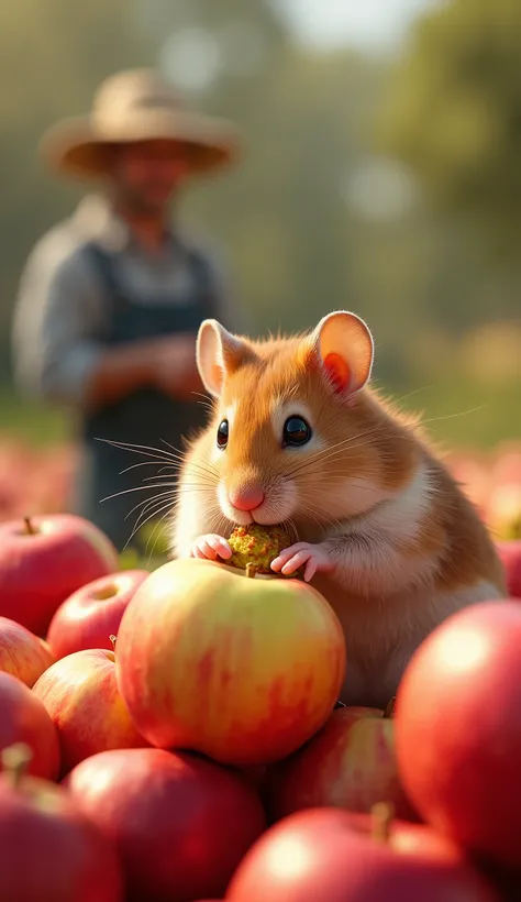 a hamster having a meal on top of many apples, blurry farmer in the background, detailed realistic fur, detailed realistic eyes and face, adorable expression, dynamic pose, natural lighting, vibrant colors, high quality, intricate details, photorealistic, ...