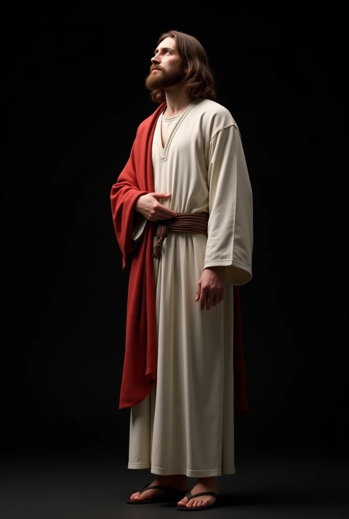 Jesus Christ,  shes wearing a long white robe with a red one on top,  shes smaller and goes up to your knees , and its thrown across your right shoulder , Jesus in this representation has long hair and a short beard and brown like his hair, 33 years old,  ...