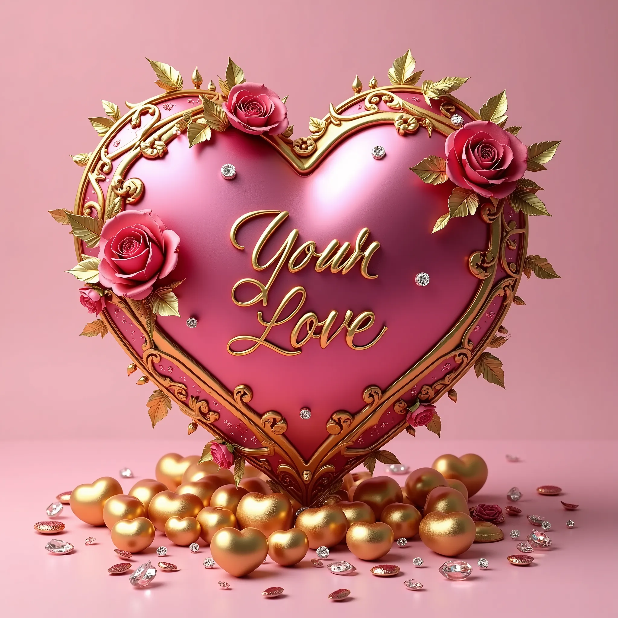 absorbing,  high-quality 3D rendering of a large metallic fuchsia and gold heart,  carefully designed ,  to paint  "happy birthday" in an elegant font.  The heart is intricately decorated with fuchsia and gold roses ,  typography that gently wrap around its surface ,  x} creating subtle highlights on a glossy metal surface .  A cascade of smaller golden hearts flows out of the lower part ,  intertwined with roses and adding depth and volume to the scene .  typography A combination of realistic , bright colors, and detailed  illustration creates a visually stunning and emotionally resonant image that perfectly captures the essence of love and devotion,  masterfully combining ,  illustration, and 3D render ,  cinematic , bright,  rhinestones in a scattering of Swarovski ,  diamond ring ,  gold watches 