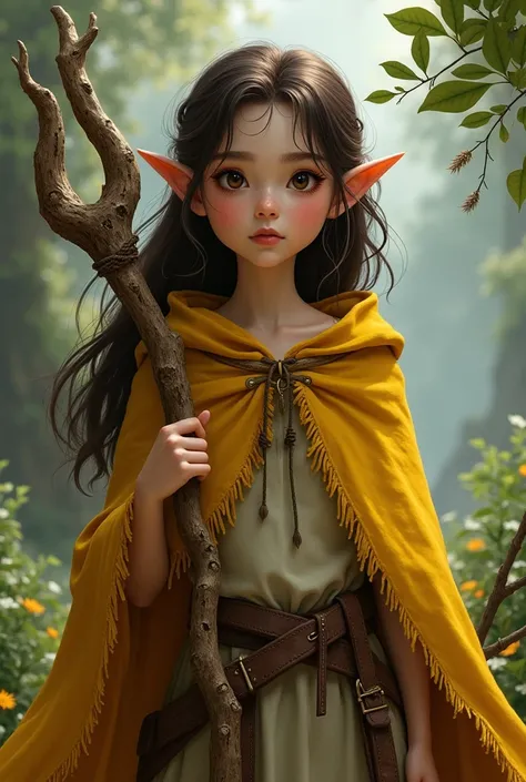 A young Caucasian girl ,  with skin slightly tanned by the sun ,  with dark brown and long hair ,  wearing a yellow cape slightly frayed at the ends and holding a staff bifurcated at the top end made of oak