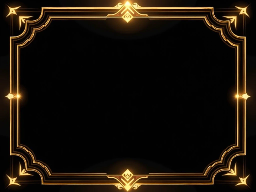 Elegant golden frame, art deco style, geometric design, black background, luxurious border, shimmering gold accents, minimalist composition, dark atmosphere, sophisticated graphic, high contrast, ornate corners, sleek lines, premium template, vintage-inspi...