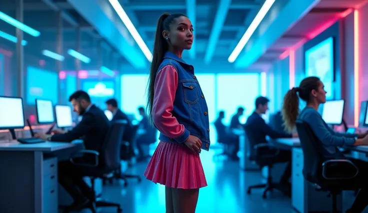 Vibrant neon-lit blue cyberpunk-inspired office interior. A young woman in a colorful skirt and jacket stands in the center, surrounded by a team of colleagues working at desks in the background. Bright pulsing lights and displays on the walls create a hig...