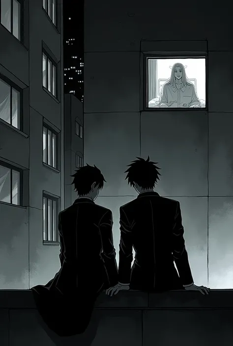  Create an image of 2 boys in suits sitting on the edge of a building talking about the birth of a baby that is taking place in a hospital room the building they are in is next to their hospital and do it in the mangar anime style make them 100% With your ...