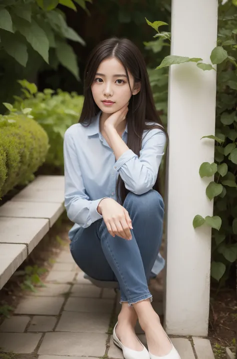 (masterpiece, raw photo, 8k resolution photo, photorealistic, a portrait photography of a woman), half height length legs, small beautiful face, a woman rest in her house garden