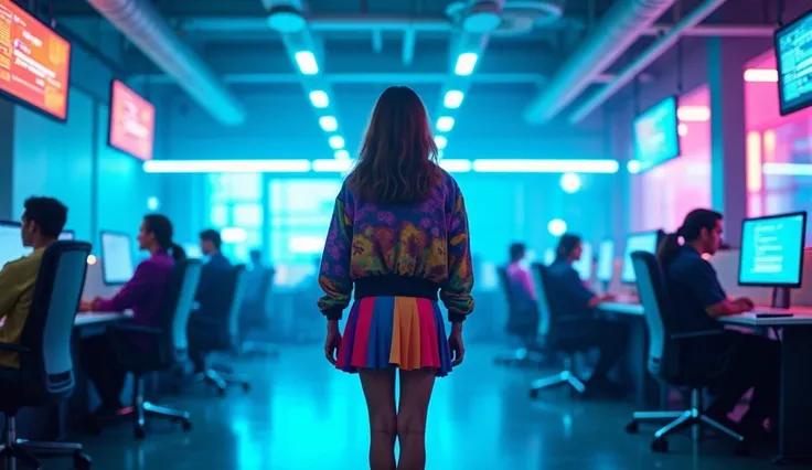 Vibrant neon-lit blue cyberpunk-inspired office interior. A young woman in a colorful skirt and jacket stands in the center, surrounded by a team of colleagues working at desks in the background. Bright pulsing lights and displays on the walls create a hig...