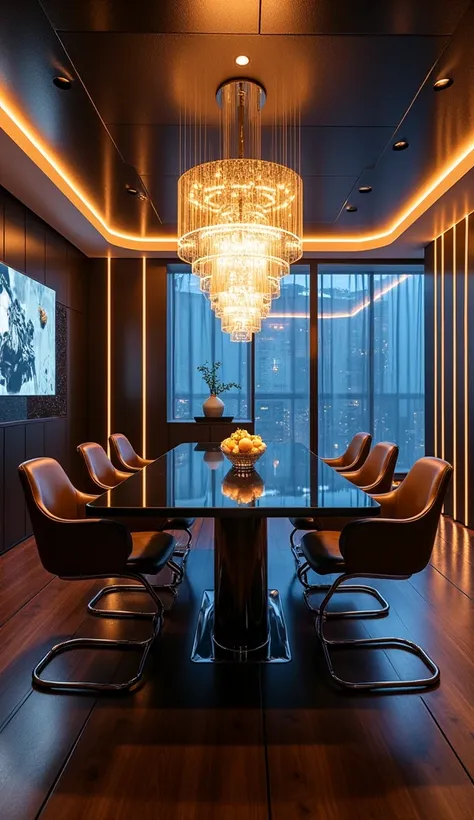 A stunning, futuristic dining room that embodies Iron Man’s sophisticated yet tech-savvy lifestyle. The dining table is made of polished black glass, with a sleek chrome base that looks almost weightless. The chairs are ergonomic, with leather backs and in...