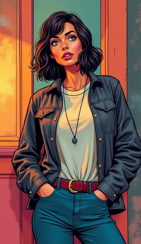 DISCREET image. with discreet casual clothes. image adult woman, american, comic book style. DISTRACTED LOOK. with a discreet smile. IMAGES WITH VIBRANT COLORS.