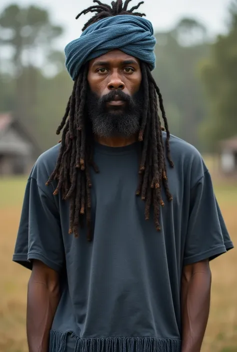 Unattractive Black Hebrew Israelite man with long black dread locs he has a full bread that frames his face,he is tall, and big, Mitre head wrap, He is wearing a t shirt  with a border of blue above the fringes on the bottom hem, he is cold, introverted, h...